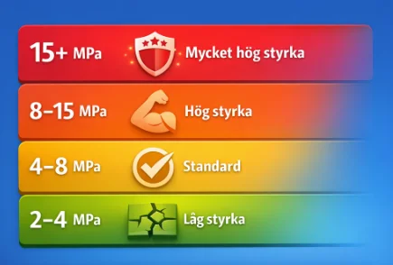 infographic som förklarar Draghållfasthet med exempel, hög MPa (15+MPa) innebär hög styrka och låg MPa (2-4) innebär lägre styrka