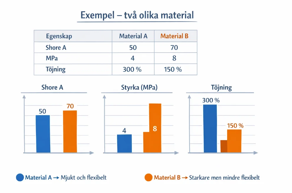 exempel på hur två olika material får för egenskaper med olika Shore A, MPa och töjning
